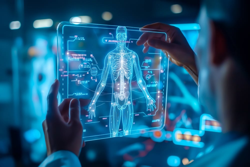 A doctor carefully examines a virtual x-ray projection with focused attention. The integration of advanced technology in medical diagnostics.