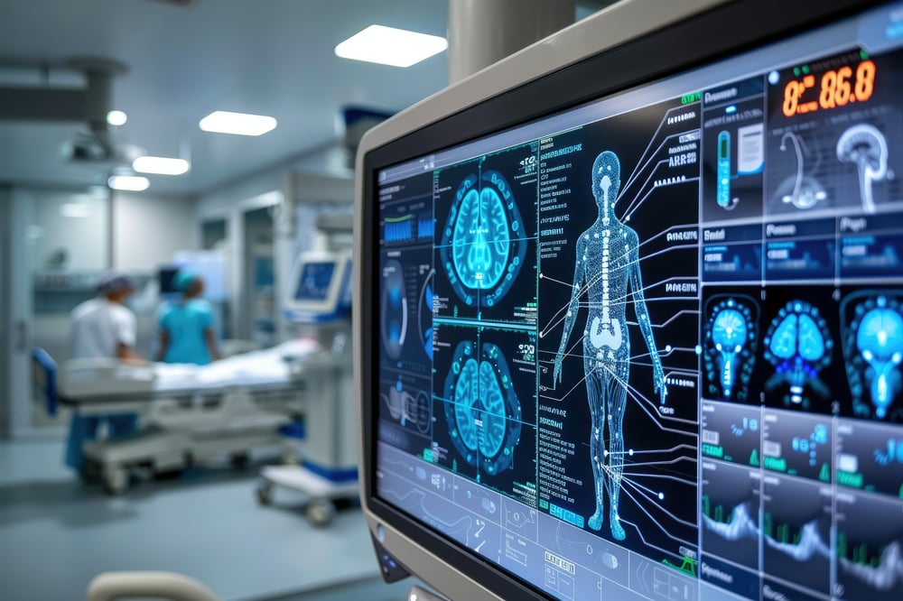 High-tech hospital room featuring advanced medical devices and monitors in a clean, sterile environment.